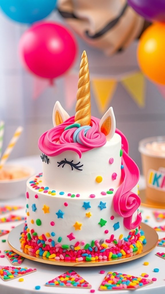 A whimsical unicorn birthday cake with a golden horn and colorful sprinkles.