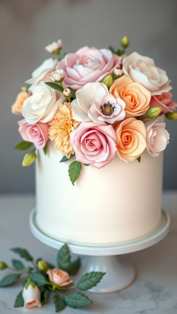 A beautifully decorated floral buttercream cake with pastel roses and delicate flowers on top.