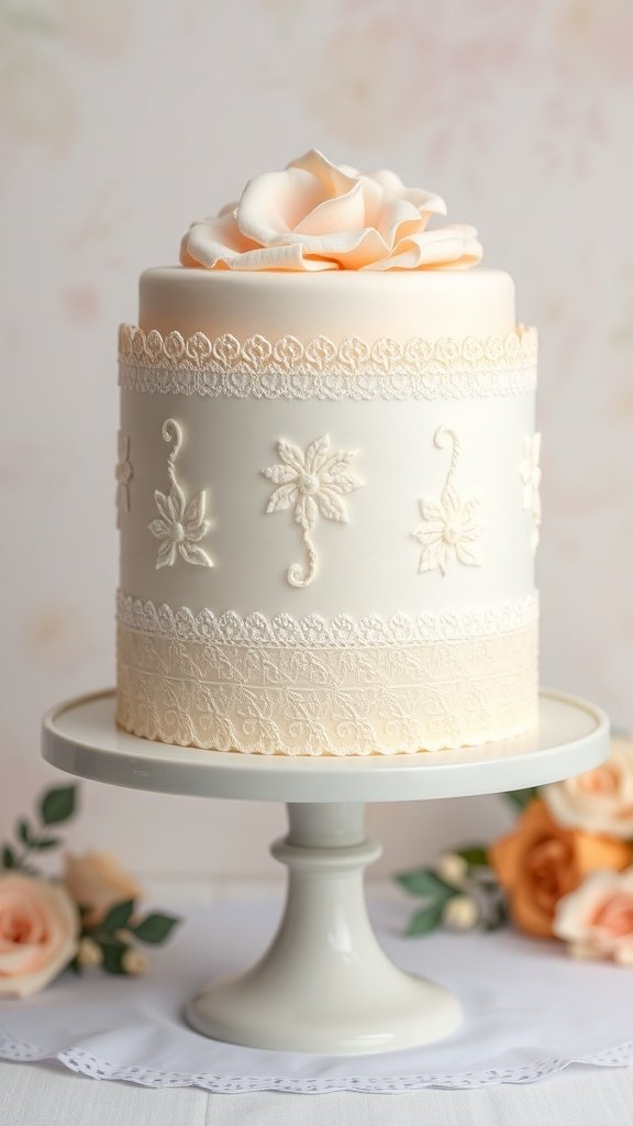 A beautifully decorated vintage-style cake with lace patterns and a pink rose on top, displayed on a white cake stand.