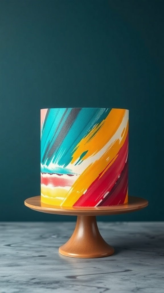 A beautifully decorated cake with an artistic brush stroke finish in vibrant colors.