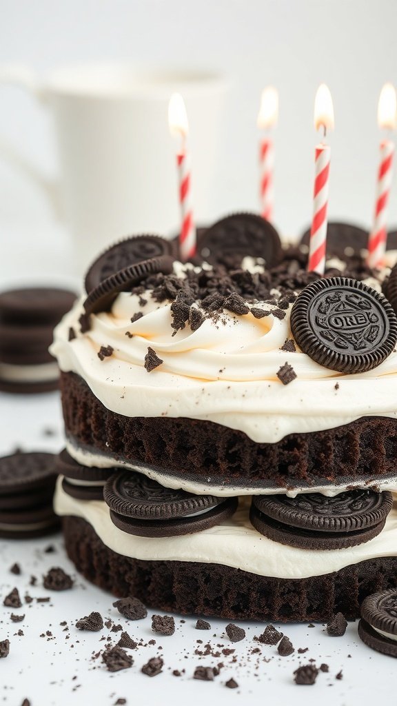 A delicious Oreo cookie cake with candles on top, decorated with crushed Oreos and whole cookies.