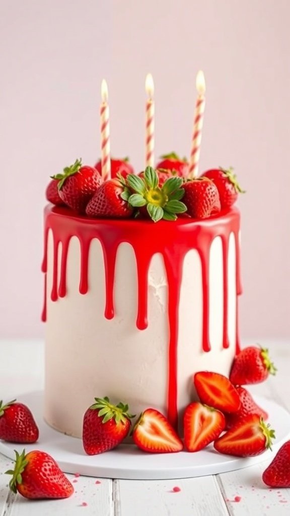 A vibrant strawberry birthday cake with a red drip design, topped with fresh strawberries and candles.
