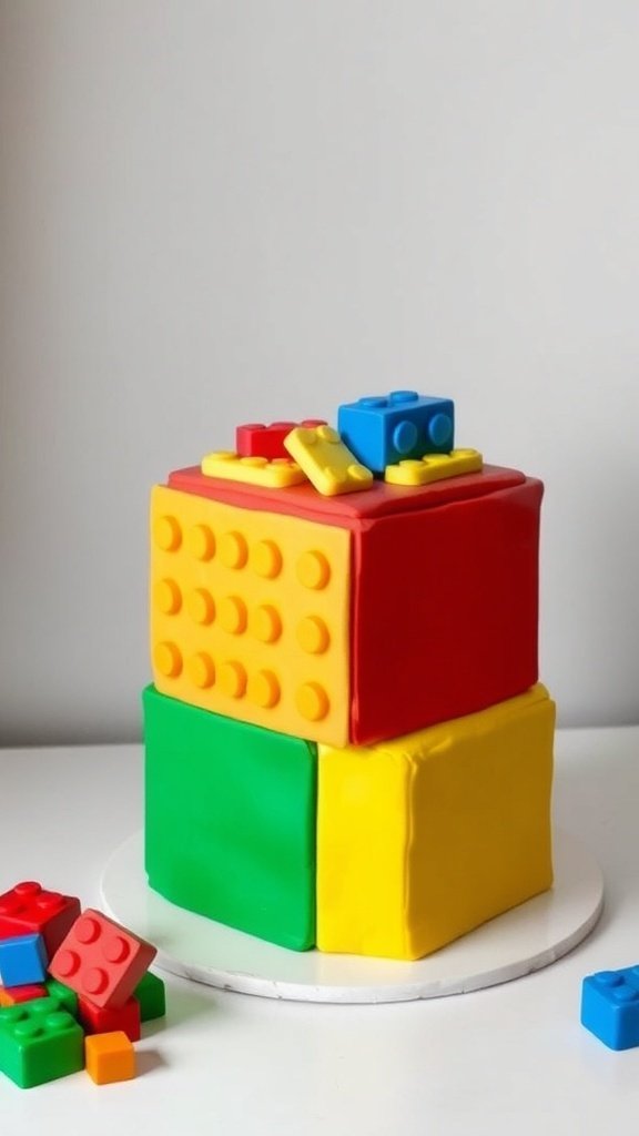 A colorful Lego Block Cake with red, yellow, green, and blue fondant, resembling stacked Lego blocks.