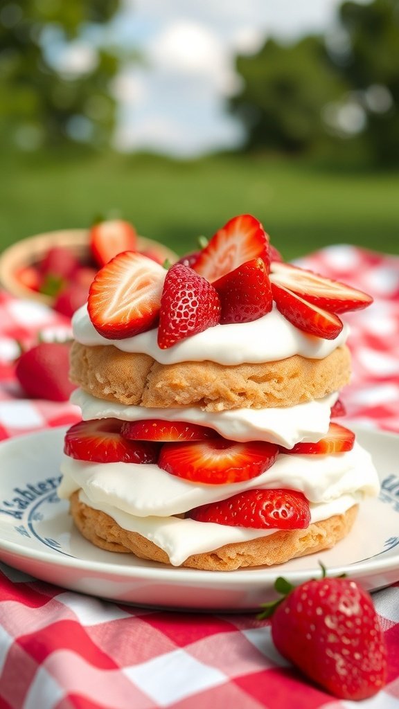 A delicious strawberry shortcake topped with fresh strawberries and whipped cream, set on a picnic blanket.