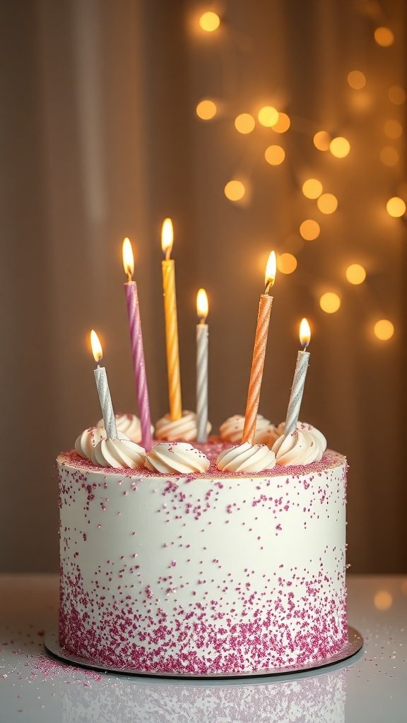 A birthday cake with pink edible glitter and colorful candles glowing on top.