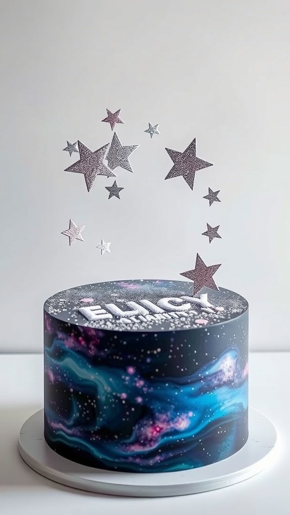 A beautifully decorated galaxy cake with swirling colors and star decorations