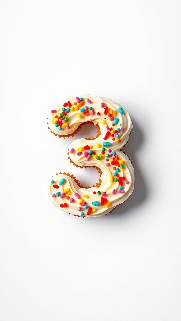 Cupcake shaped like the number three with colorful sprinkles