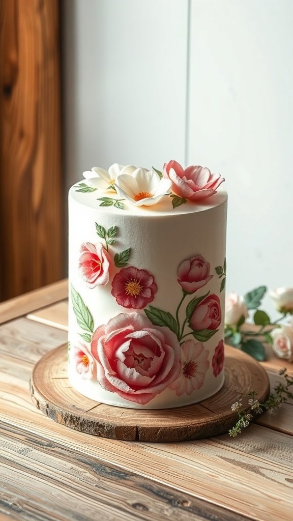 A beautifully decorated cake with watercolor floral accents in pink and white, placed on a wooden board.