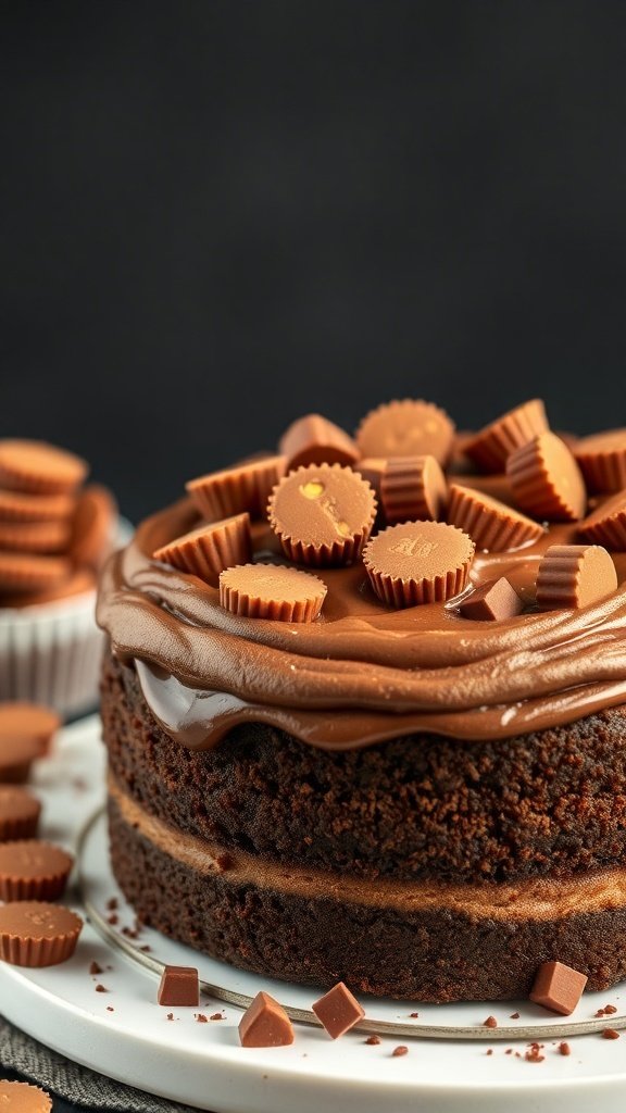 A delicious Peanut Butter Cup Cake topped with chocolate frosting and mini peanut butter cups.