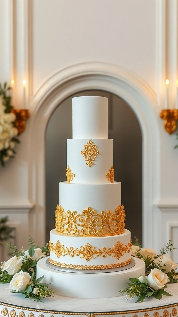 A multi-tiered wedding cake in white and gold with floral decorations