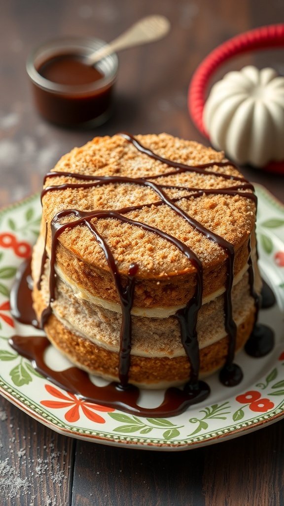 A delicious churro cake with layers and chocolate drizzle on a decorative plate.