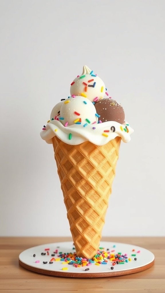 A cake designed to look like an ice cream cone, featuring colorful sprinkles and scoops on top.