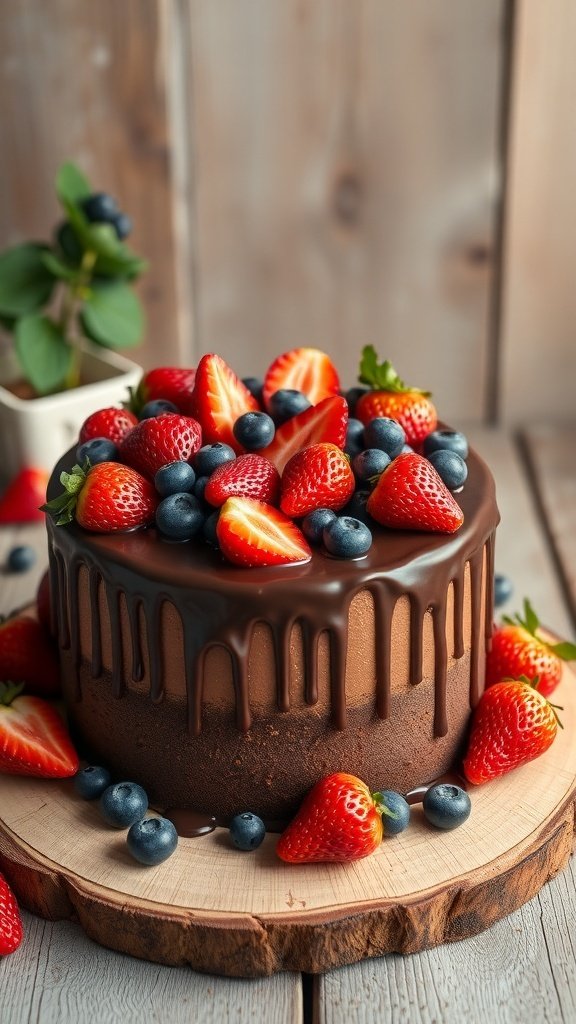 A beautifully decorated chocolate drip cake topped with fresh strawberries and blueberries.