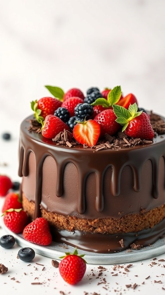 A beautifully decorated chocolate ganache drip cake topped with fresh berries and mint leaves.