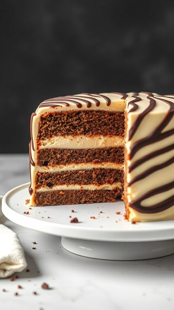 A beautifully layered zebra cake with chocolate and vanilla stripes, topped with chocolate drizzle.