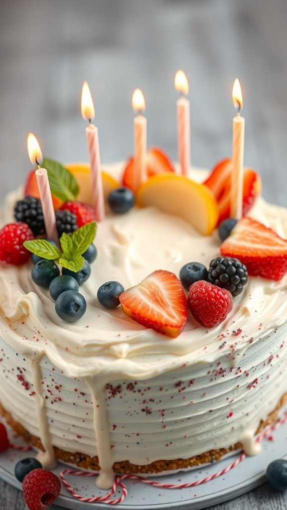 A beautifully decorated birthday cake topped with strawberries, blueberries, raspberries, blackberries, and candles.