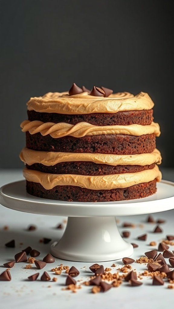 A three-layer chocolate cake with peanut butter frosting, topped with chocolate chips, displayed on a white cake stand.