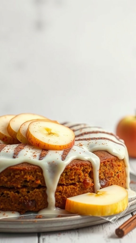 A delicious apple cinnamon spice cake with a creamy glaze and apple slices on top.