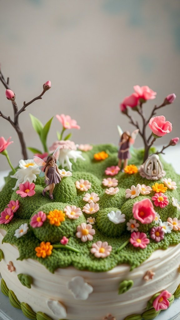 A beautifully decorated Fairy Garden Cake with flowers and fairy figurines.