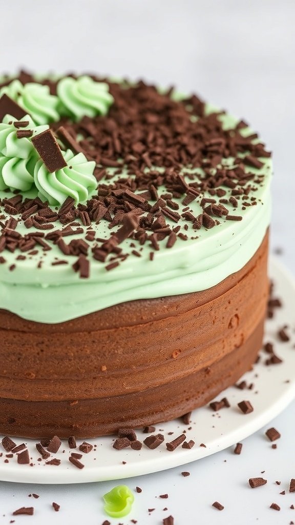 A chocolate mint cake with green frosting and chocolate shavings on top.