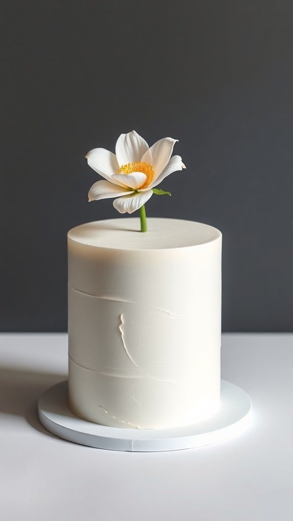 A minimalist white fondant cake topped with a flower