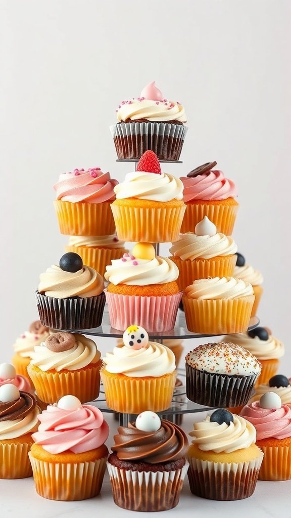 A tiered cupcake tower featuring colorful cupcakes with various toppings.