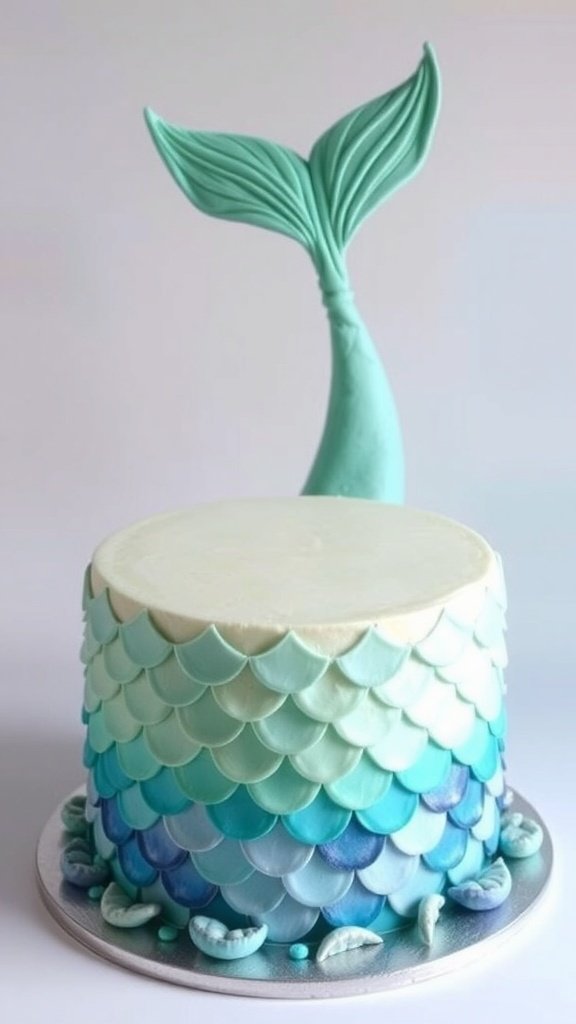 A beautifully decorated Mermaid Tail Cake with blue and green scales and a mermaid tail on top.