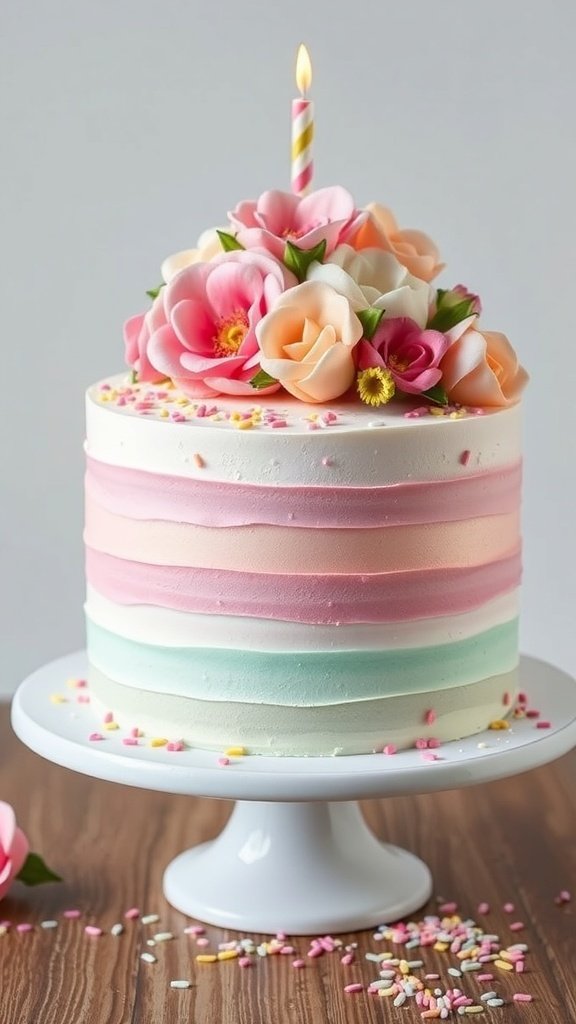 A pastel ombre birthday cake with layers of pink, peach, and mint, topped with flowers and a candle.
