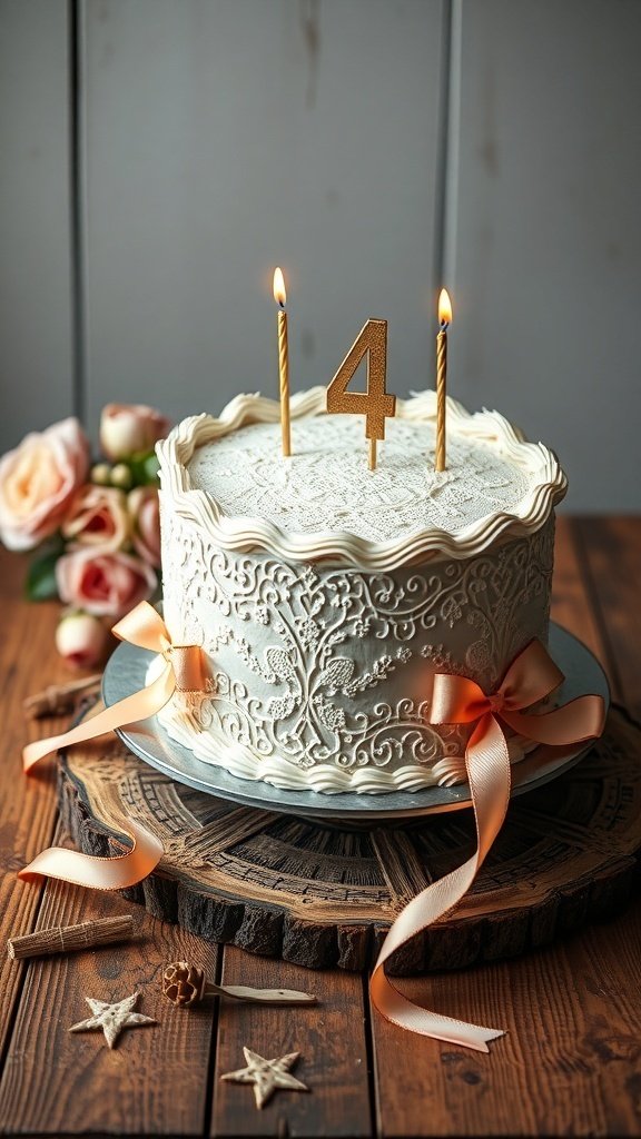 A vintage birthday cake decorated with lace, ribbons, and candles, surrounded by flowers.