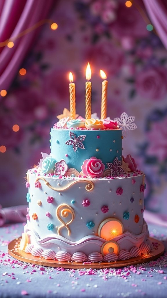 A beautifully decorated fantasy-themed birthday cake with blue and white layers, colorful flowers, and three lit candles.