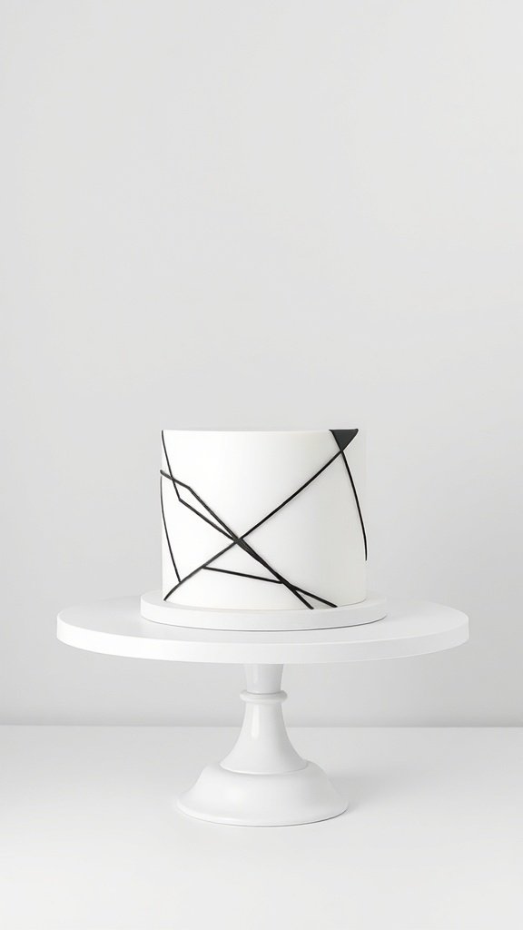 A minimalist cake with a white surface and black geometric lines on a white cake stand.