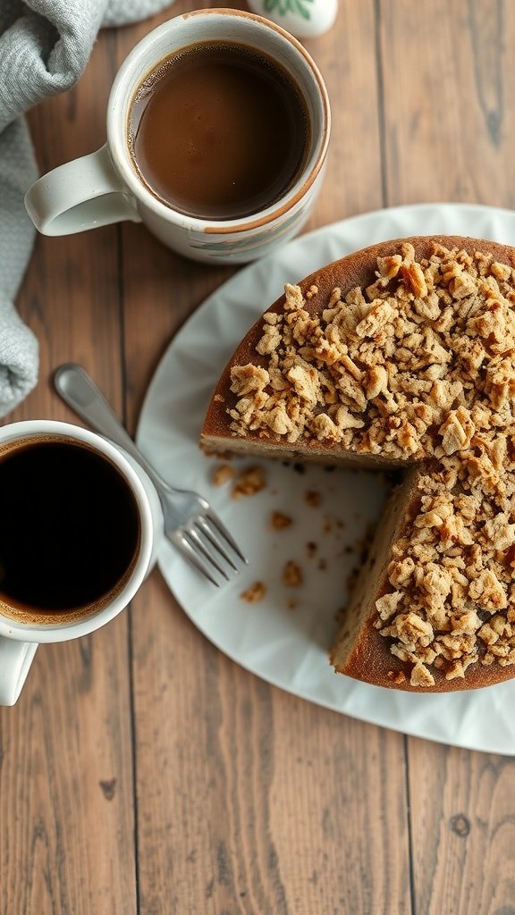 A slice of coffee cake with streusel topping on a white plate, accompanied by two cups of coffee.