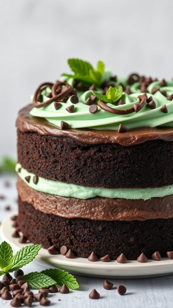 A delicious chocolate mint chip cake with green frosting, chocolate curls, and mint leaves.