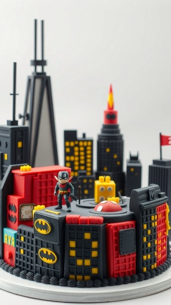 A superhero-themed cityscape cake featuring colorful buildings and a superhero figure.