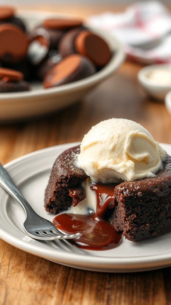 A slice of chocolate lava cake with vanilla ice cream on top, drizzled with chocolate sauce.