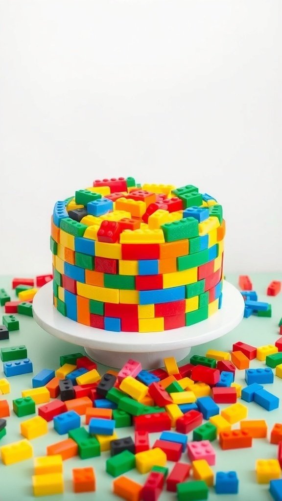 A colorful Lego cake decorated with fondant blocks, surrounded by scattered Lego pieces.