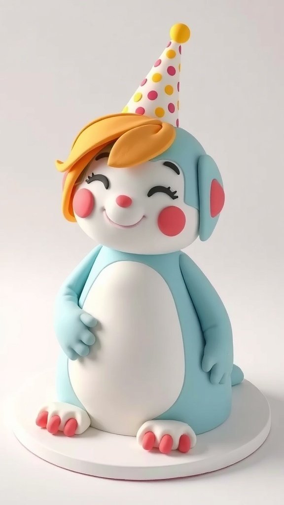 A sculpted character cake featuring a cute character with a blue body and a polka-dotted party hat.