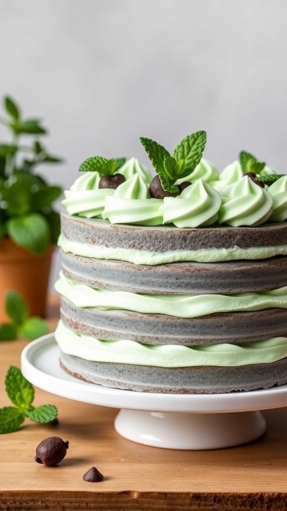 A beautifully layered chocolate mint cake with mint frosting and chocolate chips on top, displayed on a white cake stand.