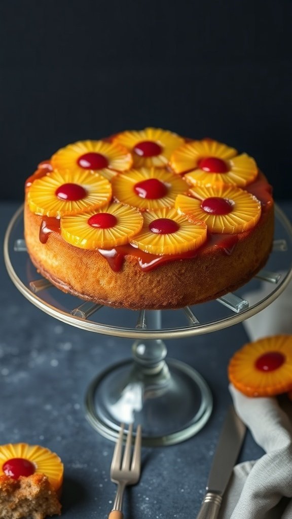 A beautifully decorated pineapple upside-down cake with pineapple slices and cherries on top, displayed on a cake stand.