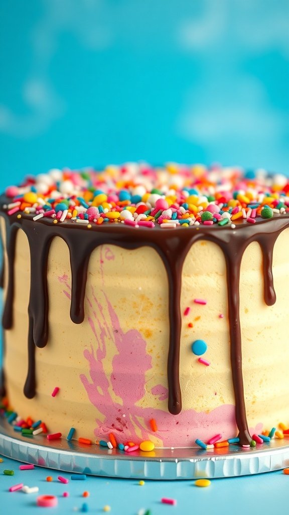 A whimsical drip cake with chocolate ganache and colorful sprinkles on top.