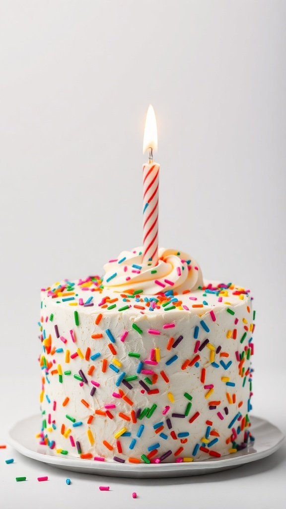 A funfetti cake topped with colorful sprinkles and a lit candle.