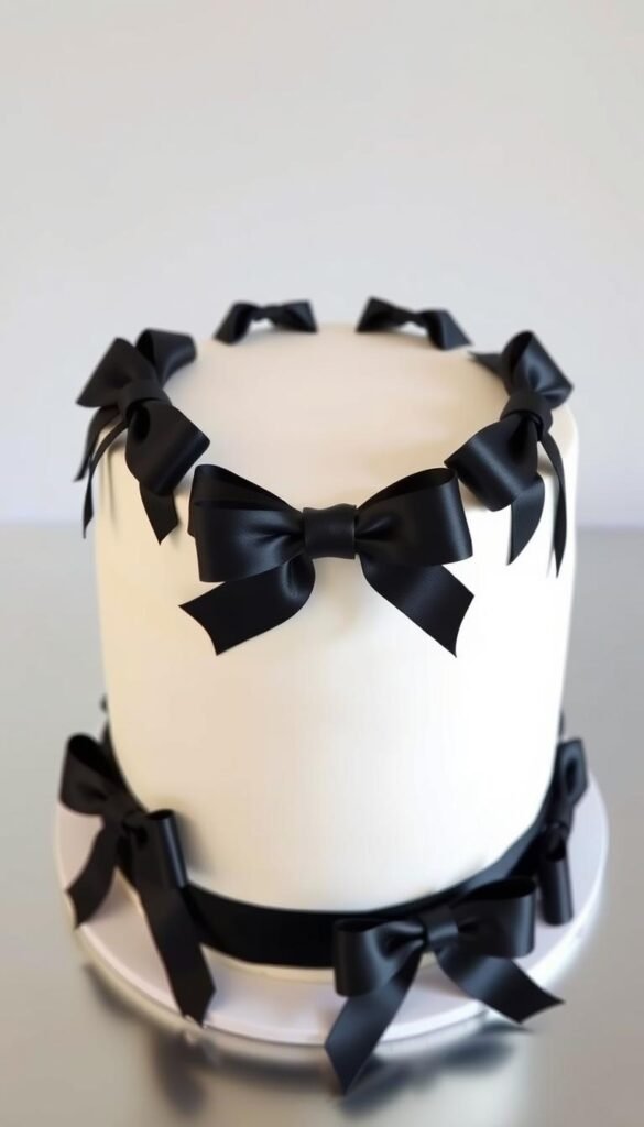 white cake with black ribbon bows
