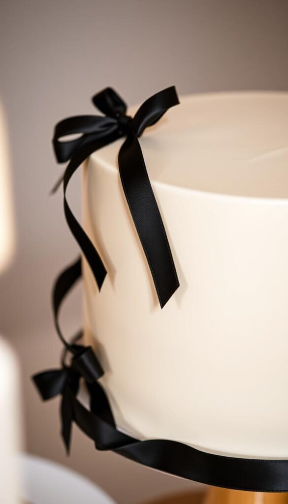 white cake with black ribbon bows
