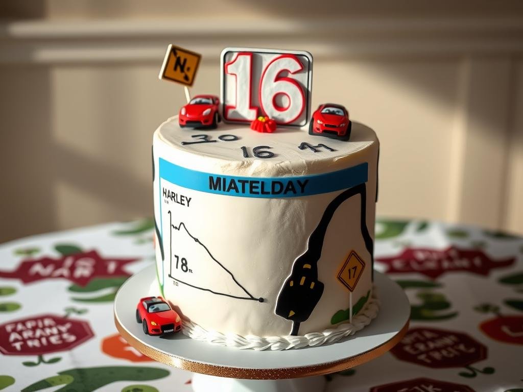 16th birthday cake with driver's license theme and car decorations