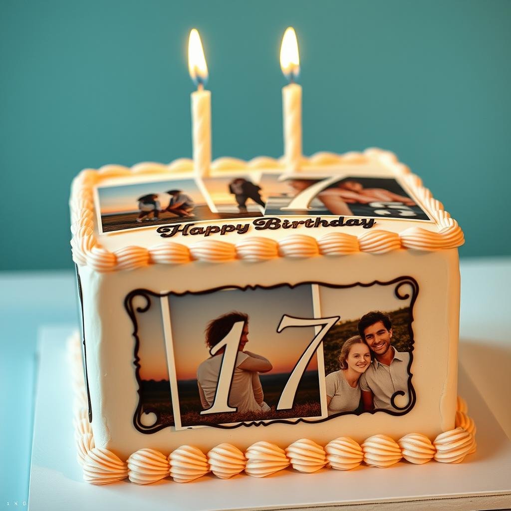 17th birthday cake with edible photo prints and decorative borders