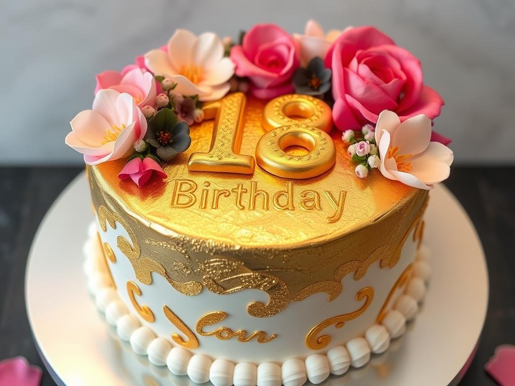 18th birthday cake with decorative elements like edible gold leaf and fresh flowers