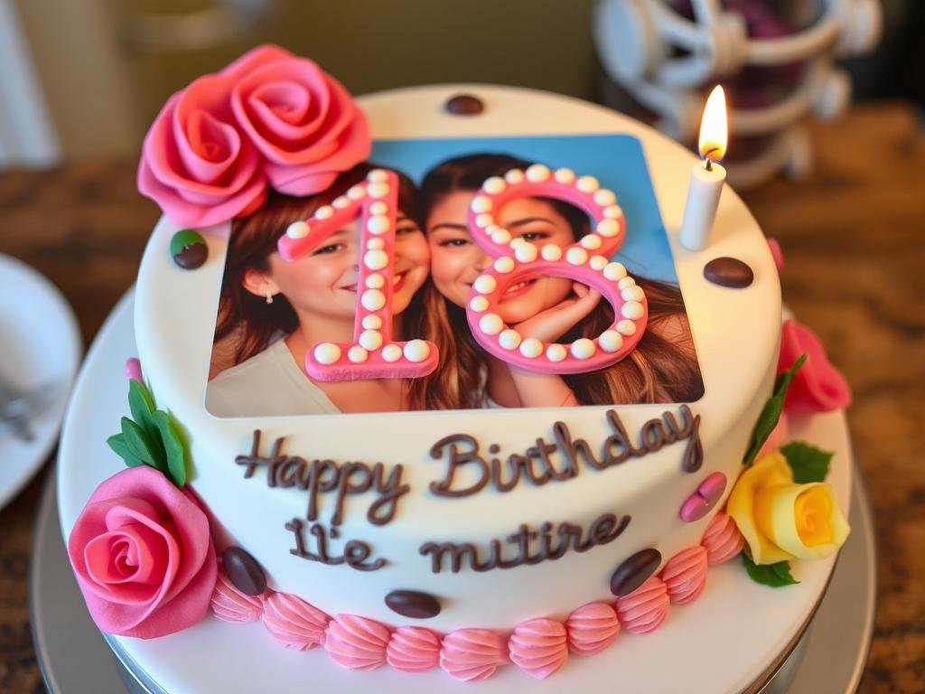 18th birthday cake with personalized photo topper and custom decorations