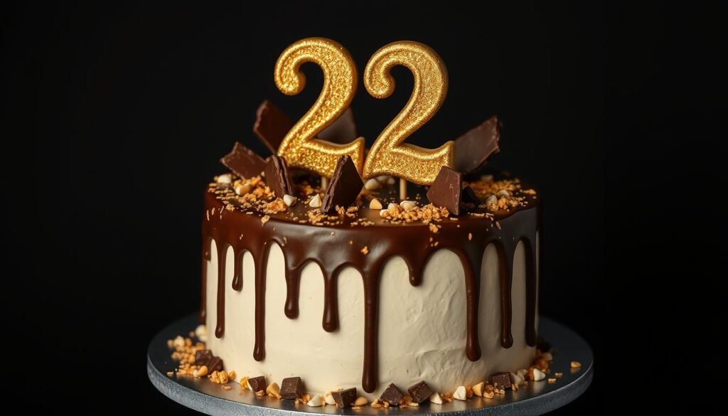 22 birthday cake with chocolate decorations and gold accents