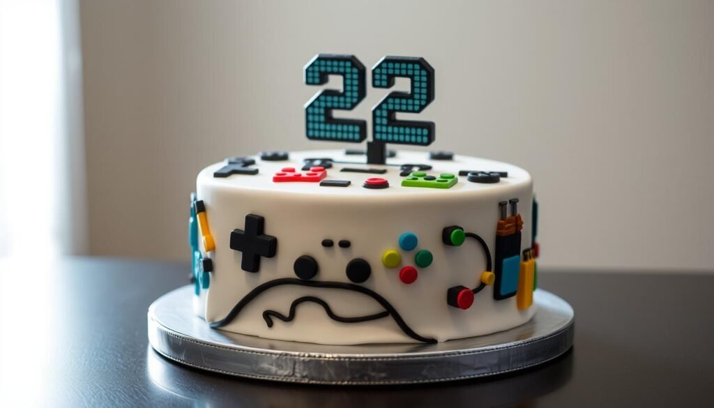 22 birthday cake with gaming theme and controller decorations
