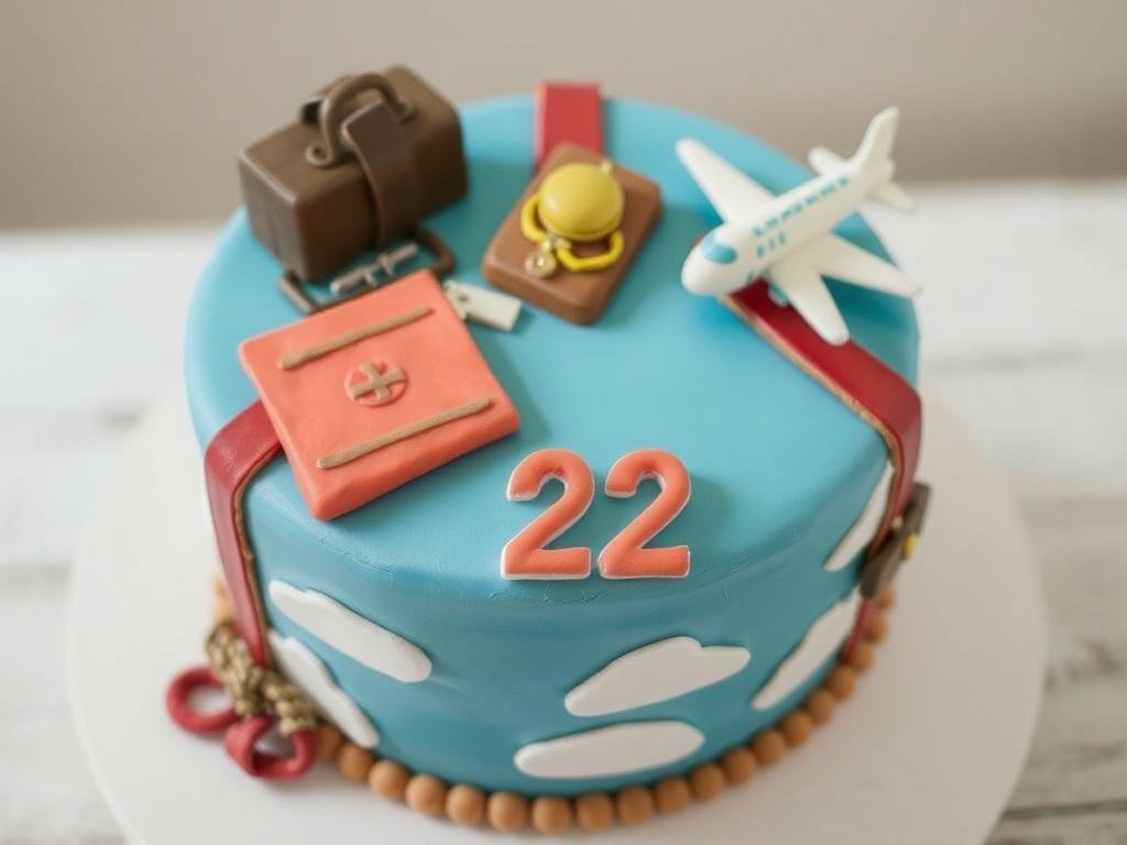 22 birthday cake with travel theme decorations